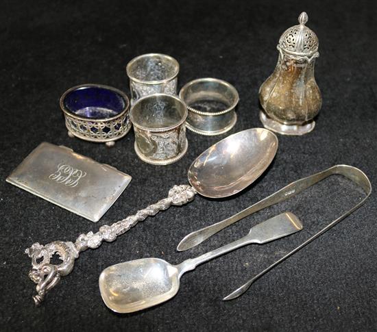 Silver salts, pepperette, pair napkin rings, 1 other silver napkin ring, silver spoon, pair sugar tongs, Dutch spoon & card case